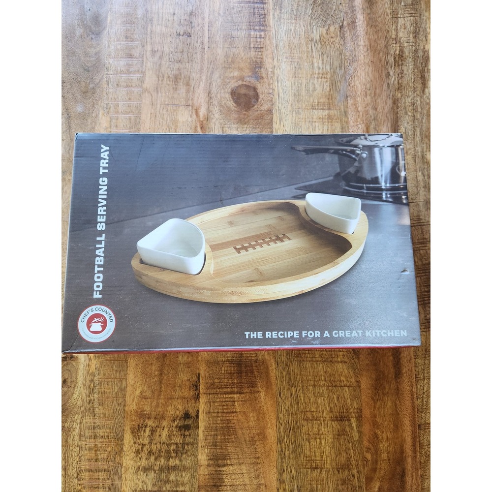Chefs Counter Bamboo Football Serving Tray with 2 Ceramic Dip Inserts